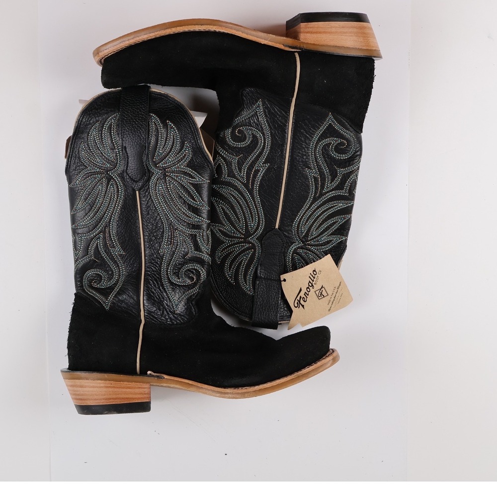Fenoglio Cowboy Boots Roughout Black Western Square Toe Leather NWT